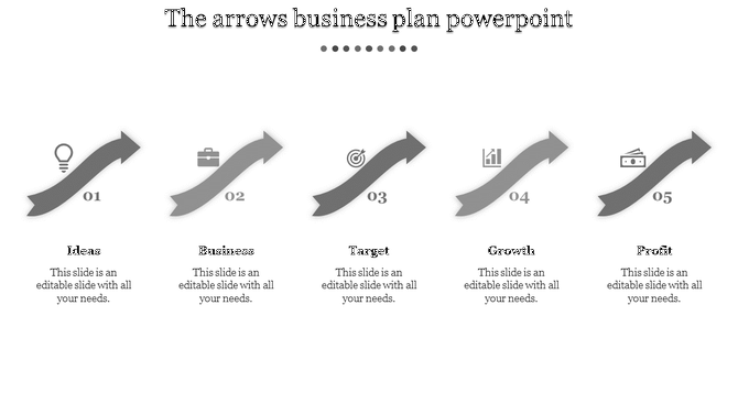 Business template with five gray arrows, icons above them, and descriptive text below on a white background.