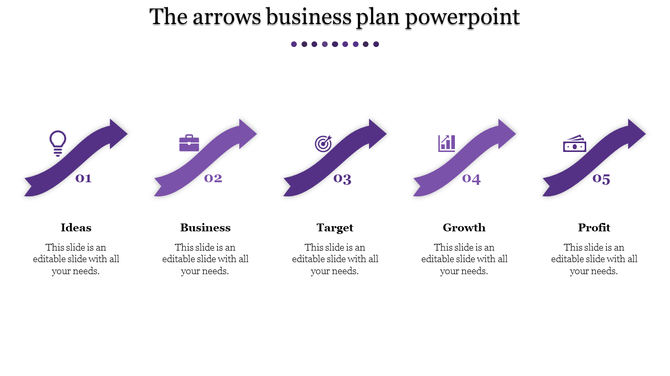 Business plan slide with five purple arrows, corresponding icons, and black text, all set against a white background.