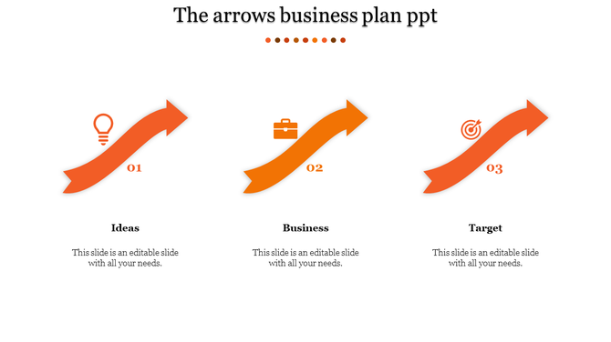 Structured business slide featuring three orange arrows with icons and text, neatly arranged on a white background.