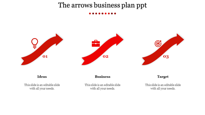 PPT slide with red arrows showing steps in a business plan ideas, business, and target stages with icons and text area.
