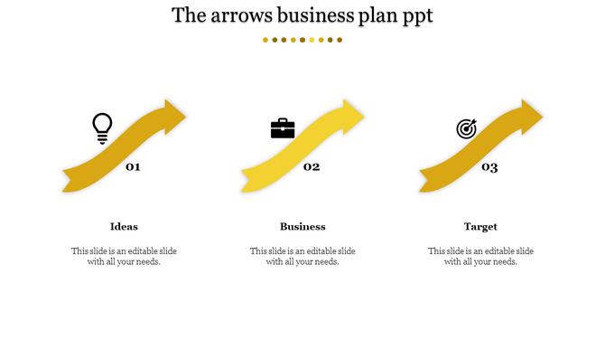 Slide with three yellow arrows pointing upward, each representing a different business step with icons.