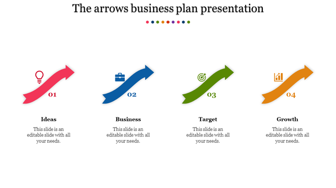 Business plan slide with four curved arrows in red, blue, green, and orange, each linked to an icon on a white background.