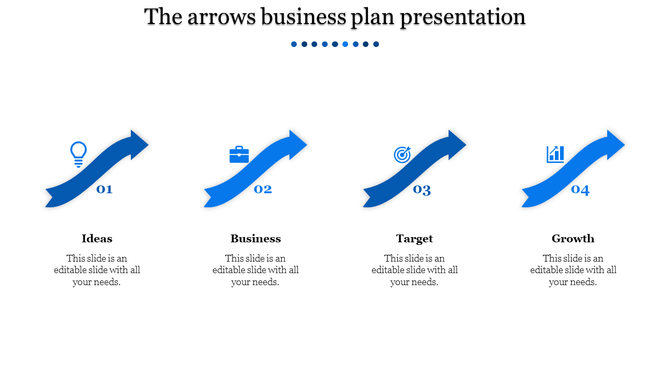 Blue arrows business plan PPT slide featuring stages on ideas, business, target, and growth with icons and text area.