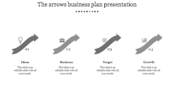 Infographic with four gray arrows, each containing a number and an icon, representing a business plan on a white background.