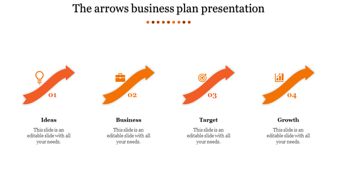 Orange arrows business plan PPT slide featuring stages on ideas, business, target, and growth with icons and text area.