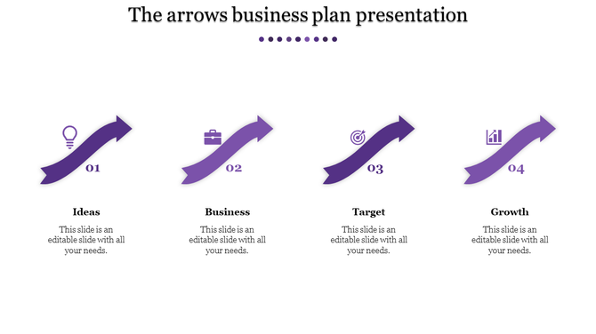 Slide featuring four purple arrows, each linked to an icon and description, neatly arranged on a white background