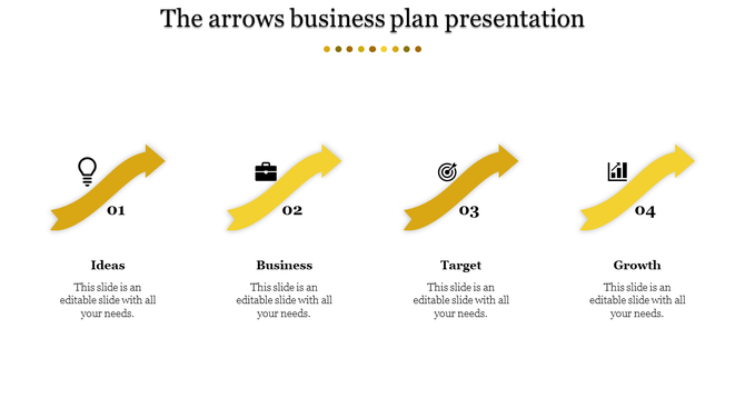 Yellow arrows business plan PPT slide featuring stages on ideas, business, target, and growth with icons and text area.