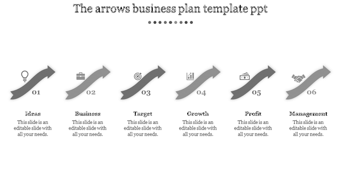 Business plan template with six purple arrows for ideas, business, target, growth, profit, and management.