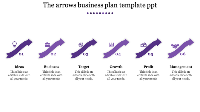 Business plan template with six colorful arrows for ideas, business, target, growth, profit, and management.