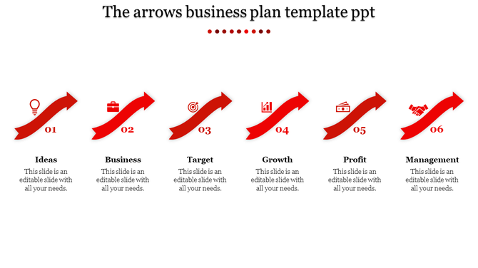 Red arrows business plan PPT slide highlighting stages such as ideas, business, target, growth, profit, and management.