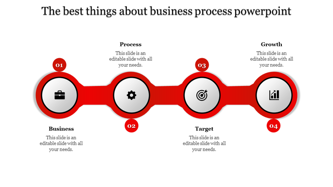 Business process PowerPoint slide with stages of Business, Process, Target, and Growth with red icons and placeholder text.