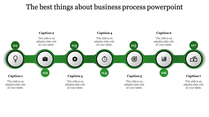 Business process PPT slide with seven stages from ideas to cash with green coded icons in circular sections and captions.