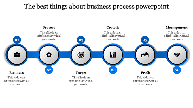 Business process PPT slide with six stages from business to management with blue coded icons in a circular section.