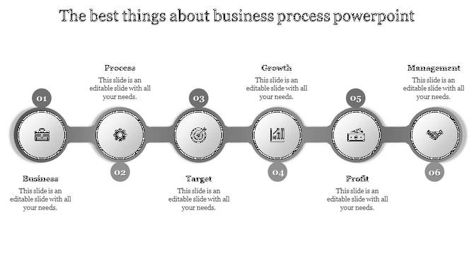 Horizontal sequence of six gray circular icons, each labeled with a caption and representing business process step.
