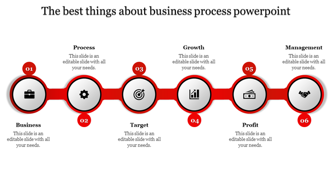 Gray arrow graphics labeled 01 to 06 depicting business stages with matching icons and captions areas.