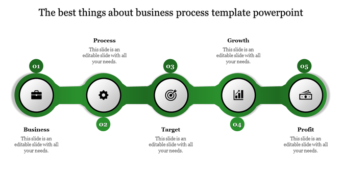 Red connected circles labeled 01 to 05 depicting business stages with matching icons and captions areas.
