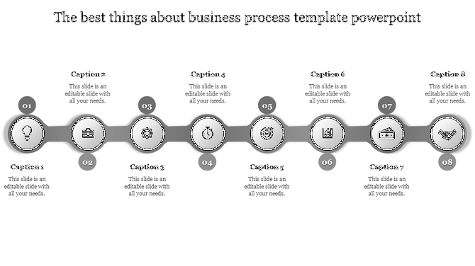 Grey business process template with eight stages with icons from lightbulb to handshake with captions and placeholder text.