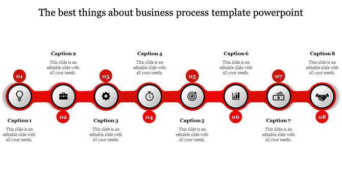Red business process template with eight stages with icons from lightbulb to handshake with captions and placeholder text.