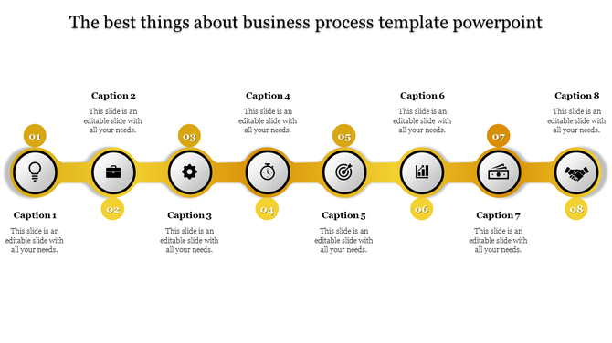 Slide with eight yellow circles, each containing an icon and labeled with captions, showing a business process.