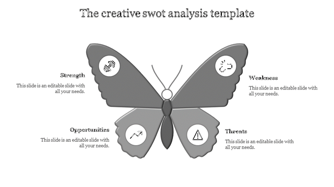 Red butterfly SWOT layout slide with symbolic icons for Strength, Weakness, Opportunities, and Threats.