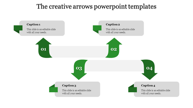 Creative green arrows PowerPoint template with four captioned arrows pointing in different directions with placeholder text.