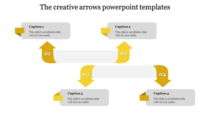 Creative yellow arrows PowerPoint template with four captioned arrows pointing in different directions with placeholder text.