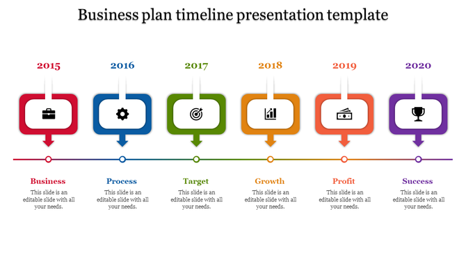 Colorful timeline with six steps, each marked by a rectangular icon in red, blue, green, yellow, orange, and purple.