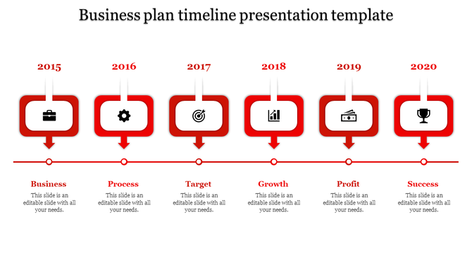 Business plan timeline with blue boxes, downward arrows, and icons for business, process, target, and growth.