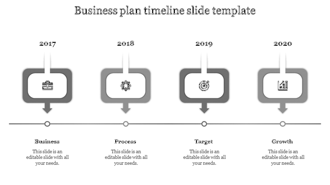 Timeline PPT slide showing four years 2017 to 2020 with placeholder text areas and grey coded sections with icons.