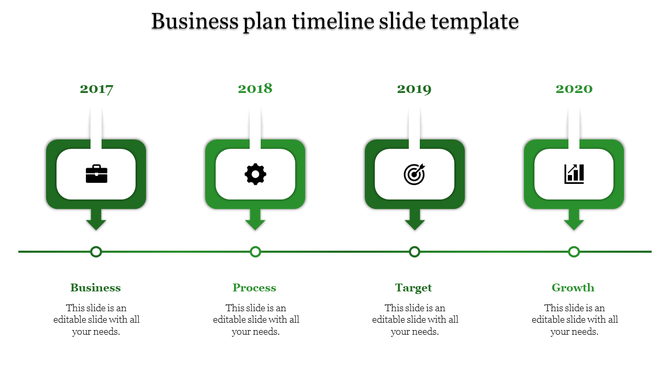 Green themed timeline with four rectangular icons above each year, representing business stages from 2017 to 2020.