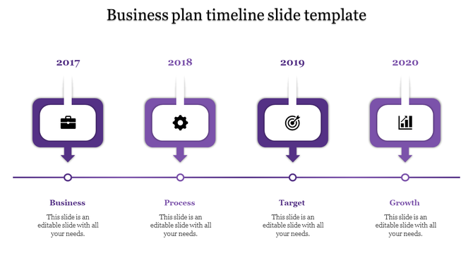 Timeline PPT slide showing four years 2017 to 2020 with placeholder text areas and purple coded sections with icons.