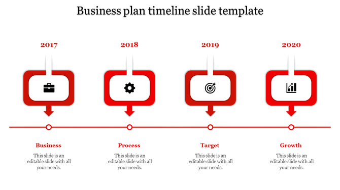 Timeline design with four red rectangular boxes for each year, connected by a line, showing key business milestones.