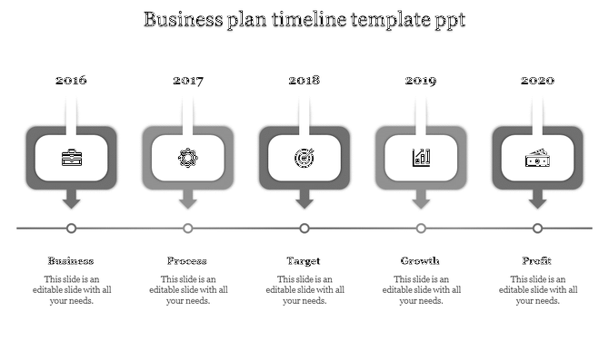 Business plan timeline slide with stages from Business to Profit, from 2016 to 2020 with placeholder text and grey icons.
