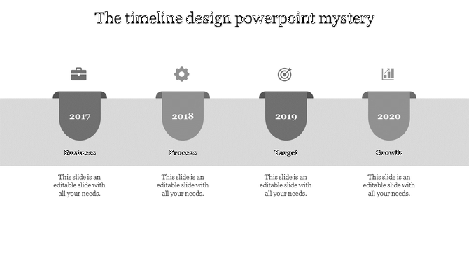 Timeline with purple drop shaped markers for 2017 to 2020, showing icons for business growth stages.