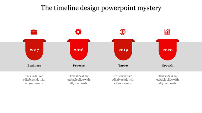 Red timeline design PowerPoint template with stages of Business, Process, Target, and Growth for 2017 to 2020 with icons.