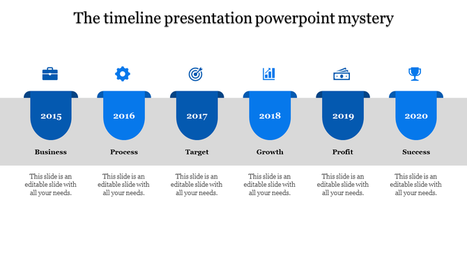 Timeline layout featuring blue tab shaped icons for years 2015 to 2020, with gray sections in between.