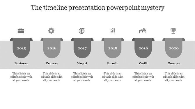 Horizontal timeline with six purple gradient tabs labeled chronologically from 2015 to 2020 with icons and captions.