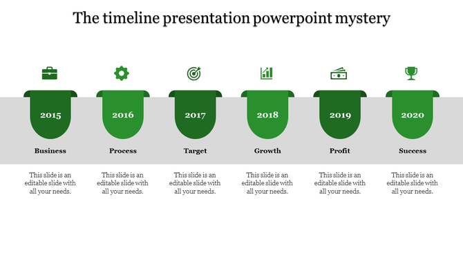 Business timeline slide with steps from Business to Success for each year from 2015 to 2020 with green icons and text.