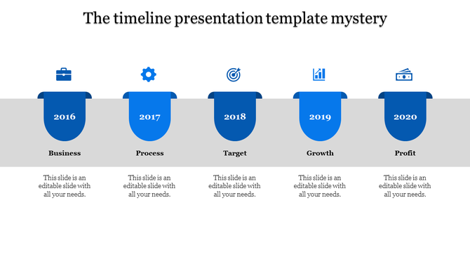 Timeline slide with steps of Business, Process, Target, Growth, and Profit from 2016 to 2020 on a blue section with icons.