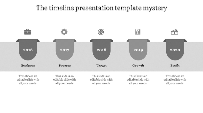 A grayscale timeline with five years marked by tab like shapes and icons above gray sections.