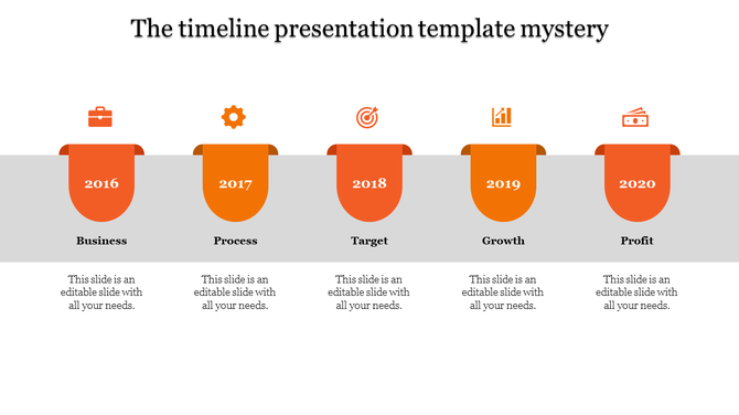 Timeline slide with steps of Business, Process, Target, Growth, and Profit from 2016 to 2020 on an orange section with icons.