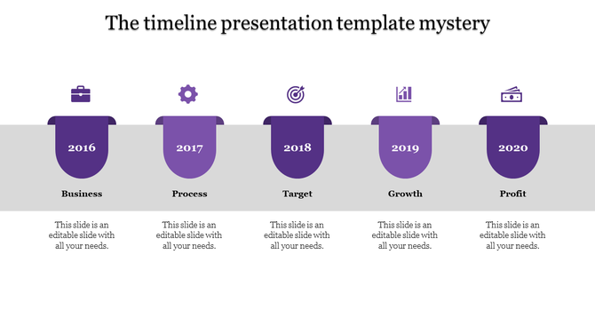 Horizontal timeline with purple shapes, including year markers from 2016 to 2020 and associated icons, over a gray backdrop.