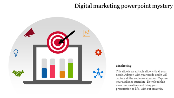 Digital marketing PPT slide featuring a laptop, target, and icons related to marketing strategies and analytics with text.