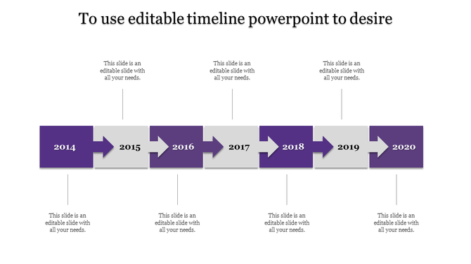 Rectangular timeline with colored arrows marking years 2014 to 2020 connected to caption areas placed in white backdrop.