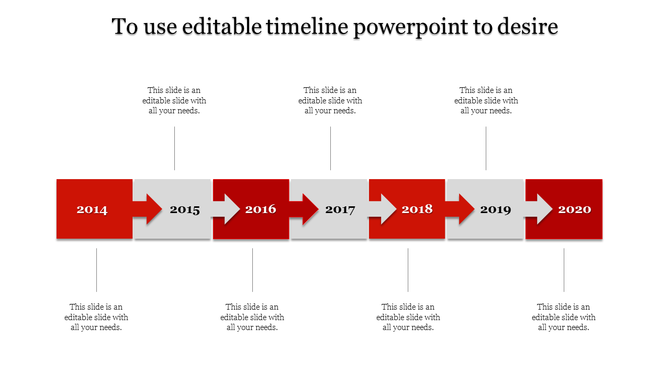 PowerPoint timeline template with red and gray color scheme, featuring arrows connecting years 2014 through 2020 with text.