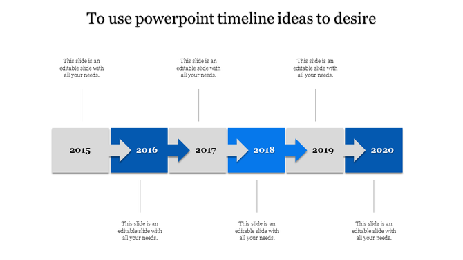 Timeline slide featuring a sequence of years from 2015 to 2020 in rectangular blocks connected by blue arrows, with caption areas.