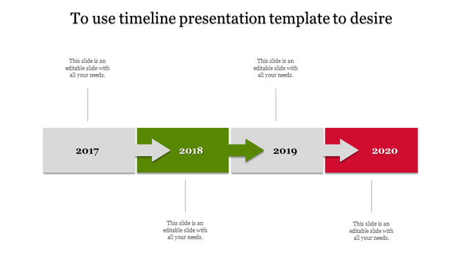 Timeline PowerPoint slide featuring years 2017 to 2020 with color coded milestones with placeholder text.