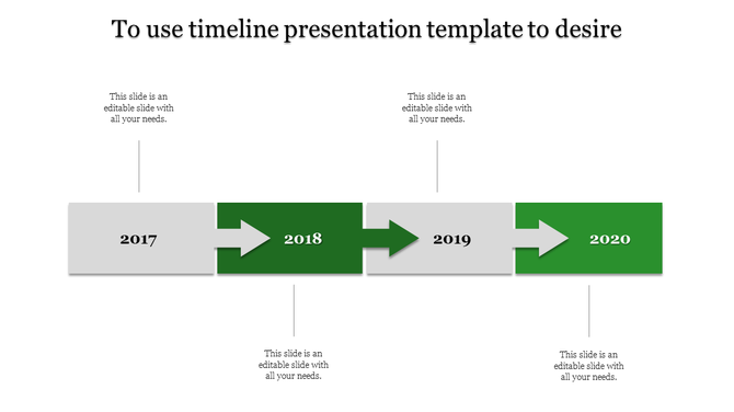 Green and gray timeline featuring years from 2017 to 2020, with text placeholders below and above each year.