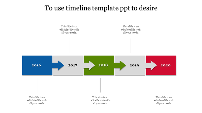 Timeline PowerPoint template showing years 2016 to 2020, with placeholder text and multi color arrows between each year.