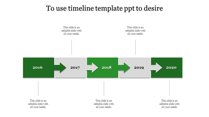 Timeline with yellow arrows for 2016, 2018, and 2020, and gray arrows with placeholder text areas for 2017 and 2019.